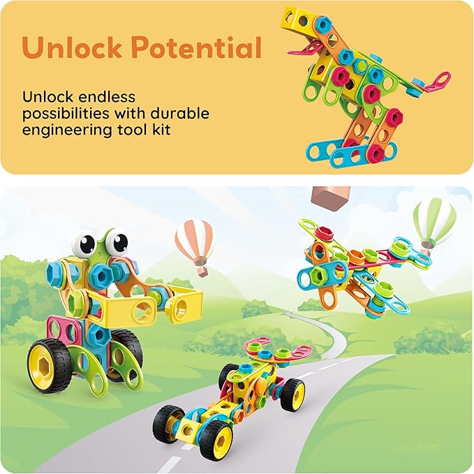 PicassoTiles STEM Learning Toys 250 Piece Building Block Kids Construction Engineering Kit Toy Blocks Children Early Education Playset w/Free IdeaBook, Power Drill, Clickable Ratchet, Age 3+ PTN250