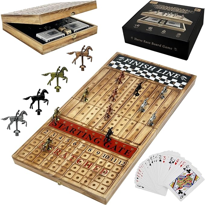 Large 23 inches Horse Racing Board Game with 11 Luxury Metal Horses, Foldable Wood Horse Race Board Game with 2 Sets of Dice, 2 Boxes of Cards for Parties and Gambling