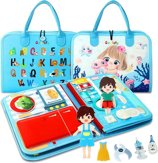 Guolely Busy Board Montessori Toys for 1-6 Years Old - Toddler Travel Toys, Educational Busy Book with 10 Pages Soft Daily Learning Activities - Sensory Toy Gift Ideal for Boys, Girls, Kids