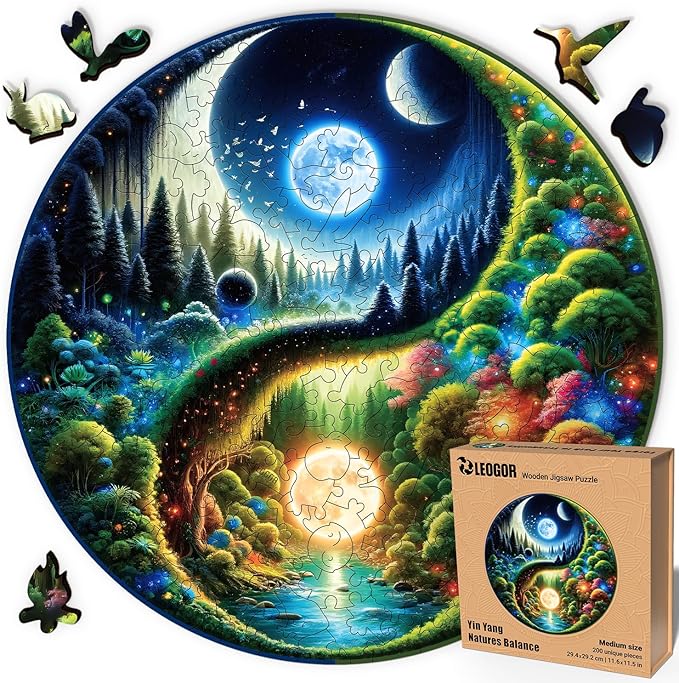 LEOGOR Wooden Jigsaw Puzzles for Adults 200 Pieces (11.6 × 11.5 in), Yin Yang Puzzle, Extra-Thick 5mm Round Wood Puzzle with Unique Shapes, Relaxing, Artistic Gift for Adults and Teens