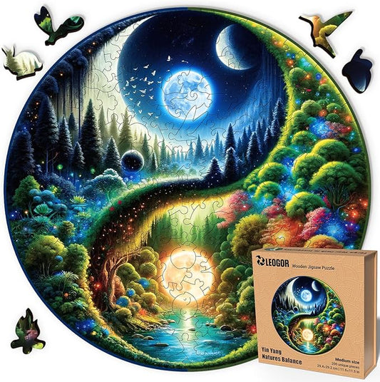 LEOGOR Wooden Jigsaw Puzzles for Adults 200 Pieces (11.6 × 11.5 in), Yin Yang Puzzle, Extra-Thick 5mm Round Wood Puzzle with Unique Shapes, Relaxing, Artistic Gift for Adults and Teens