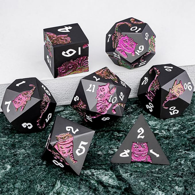 Metal DND Cat Dice 7PCS Polyhedral RPG Dice Set with Gift Case for Dungeons Dragons Role Playing Game, D and D Dice D6 D8 D10 D12 D20 D% (Purplish Red) 