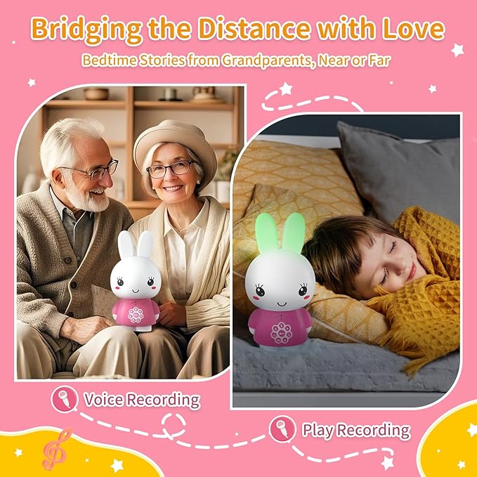 alilo Honey Bunny Kids Music Story Audio Player for Toddlers 1-5, Baby Boy Girl Easter Gifts, Pre-Loaded 16 Stories/48 Nursery Rhymes/12 Soothing Music, with Nightlight, Voice Recording