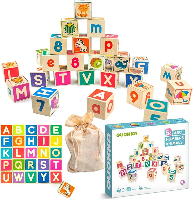 QUOKKA Wooden Puzzles Blocks for Toddlers 1-3 Large - 26 Alphabet & Numbers Baby Blocks for Kids Ages 2-4 Gift Wood Stacking & Building Toys for Learning ABC Letters for Boys and Girls 2-4