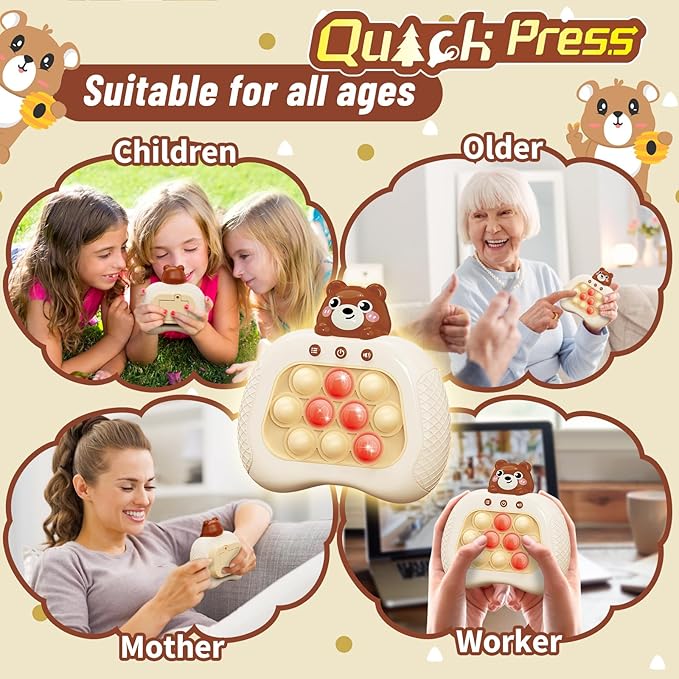 Pop Push Game Toy for Kids, Quick Fast Push Pop Puzzle Handheld Game Light up Fidget Toy 8-12, Bubble Sensory Toys Christmas Birthday Gifts for Kids Ages 3-12 (Cute Grizzly Bear)