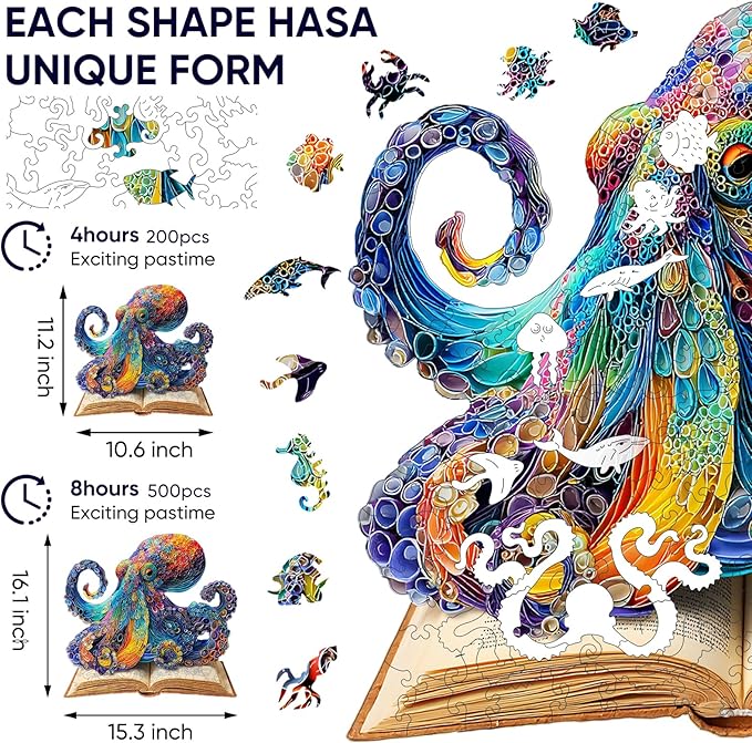 Wooden Puzzles for Adults, Octopus Wooden Jigsaw Puzzles 500 Pieces, Royal, 16.1 in Unique Shape Ocean Puzzle, Irregular Puzzle Creative for Adults and Kids Family Games