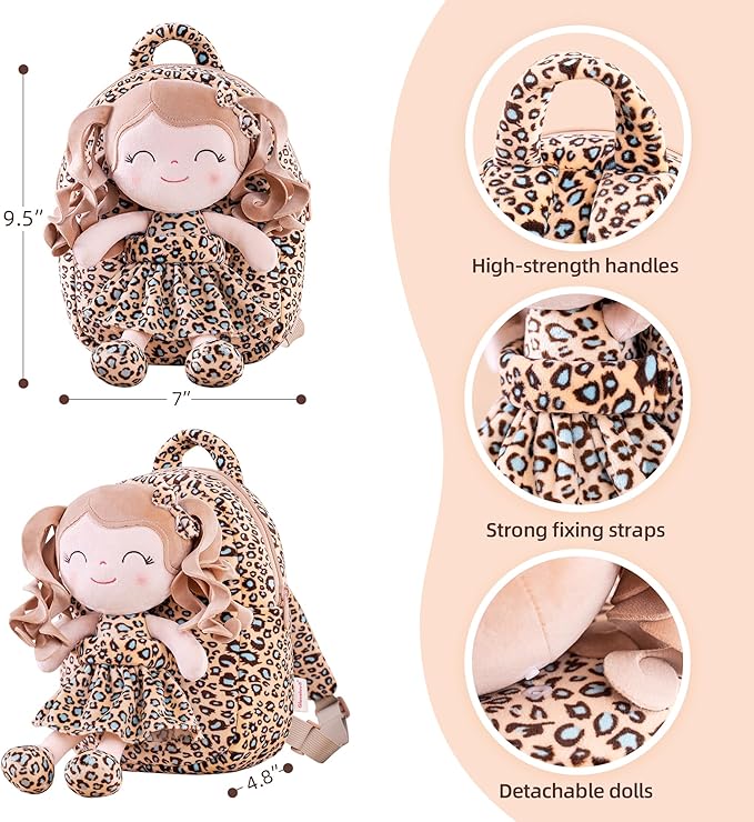 Gloveleya Toddler Backpack Baby Girl Gifts Curly Hair Plush Figures Dress Backpack Kids Backpack Curly Hair Spring Girl - White Leopard 9inches