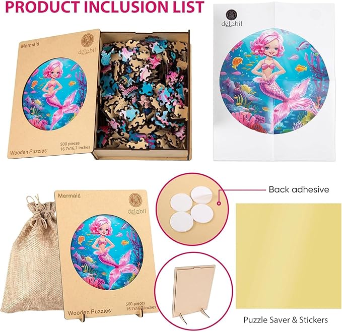 Wooden Puzzles for Adults, Mermaid Jigsaw Puzzles 500 Pieces, Unique Shape Puzzles with Wooden Box, 16.7 x 16.7 Inches Royal Size Family Game Gift, Fun Challenging Puzzles for Adults and Kids
