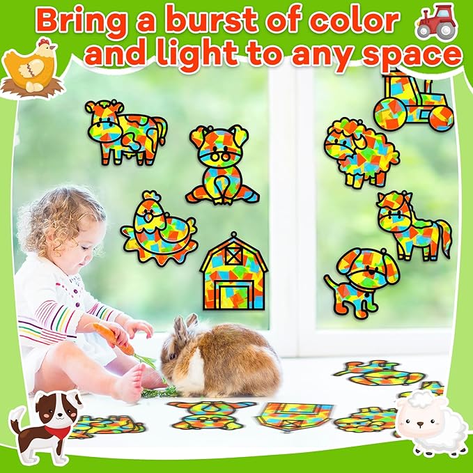 QOUBAI 32 Sets Farm Animals Suncatchers Craft Kit DIY Window Stained Glass Effect Cow Horse Chicken Paper Craft Home School Classroom Decoration Kid Birthday Gift Creative Art Project Activity Game