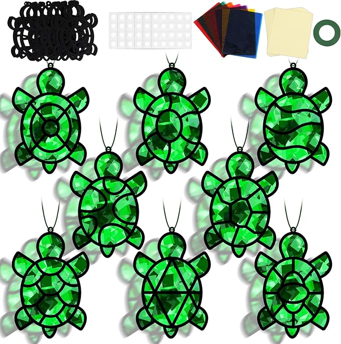 QOUBAI 32 Sets Turtle Suncatchers Craft Kit DIY Window Stained Glass Effect Sea Animals Paper Crafts for Home School Classroom Decoration Kid Ocean Sea Birthday Gift Creative Art Project Activity Game