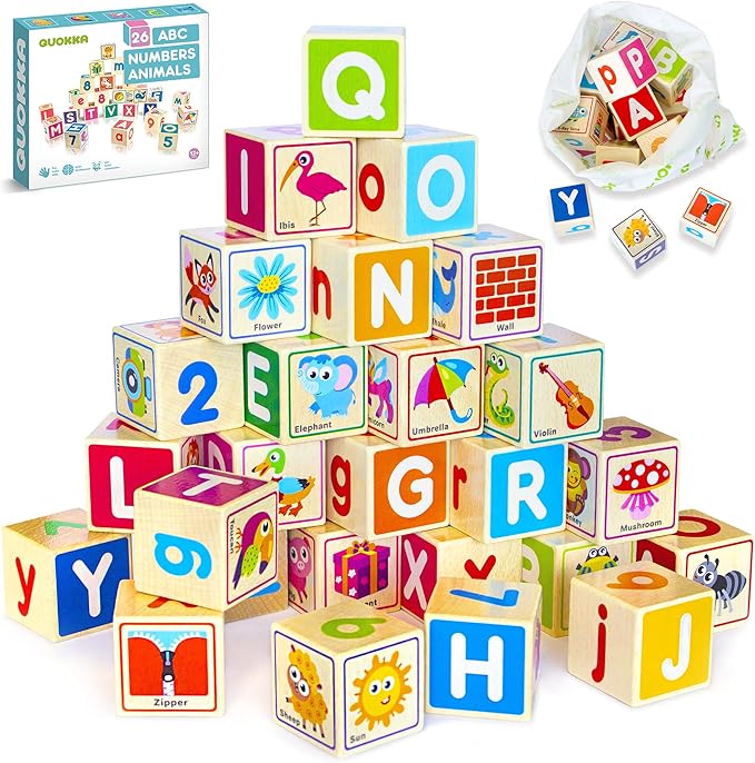 QUOKKA Wooden Puzzles Blocks for Toddlers 1-3 Large - 26 Alphabet & Numbers Baby Blocks for Kids Ages 2-4 Gift Wood Stacking & Building Toys for Learning ABC Letters for Boys and Girls 2-4