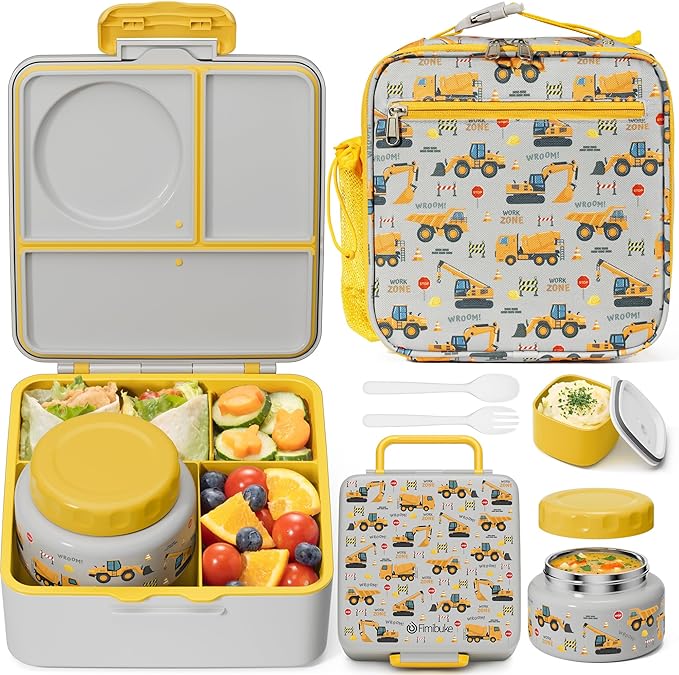 Fimibuke Bento lunch Box Set for Kids Adult with 8oz Thermos Food Jar, Insulated Lunch Bag &Sauce Cup, Leakproof Dishwasher Safe Toddler Lunch Food Container with 3-4 Compartment for School Girls Boys