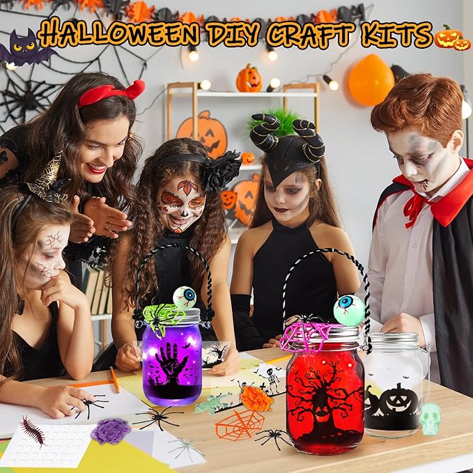 Letapapa Halloween Crafts for Kids, 12 PCS Mason Jar with Accessories for DIY Craft & Art Party Favor Supplies, Halloween Decoration Trick or Treat, Classroom Art Activities