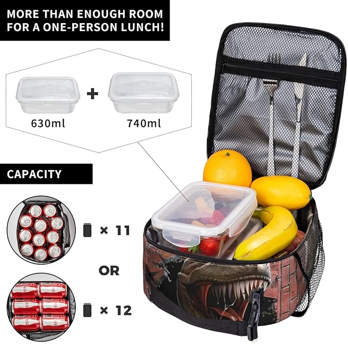 Dinosaurs Breaking Walls Reusable Lunch Box Food Bag Insulated Lunch Bag for Teenage Boys Girls School Beach