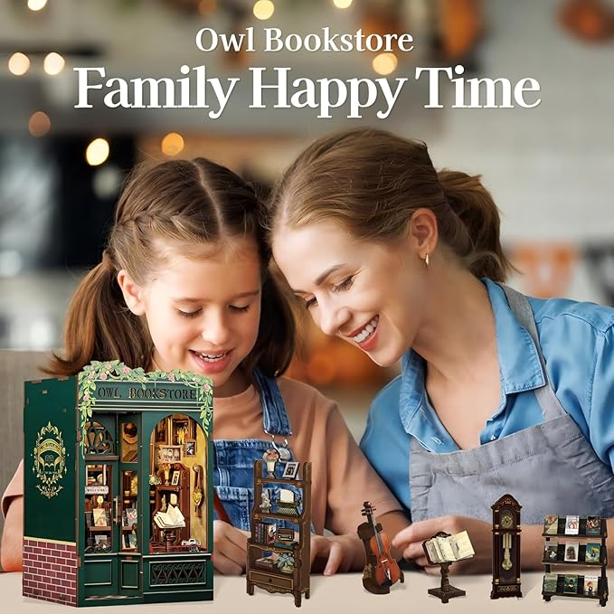 Fsolis Book Nook Kit, DIY Scene Miniature House Kit Tiny House Mini Booknook Craft Bookshelf Decor, 3D Puzzles for Adults, 139 Wooden Pieces, Scale Library Model, Gifts for Book Lovers(OWL Bookstore)