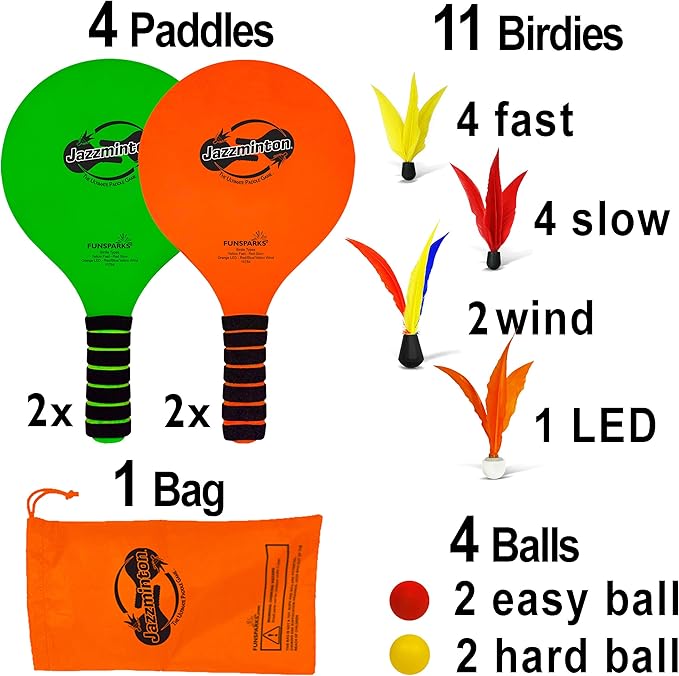 Jazzminton Paddle Game Select Double Badminton Set 4 Rackets - Beach Games for Kids Teens Adults and Family Games -Outdoor Games for Lawn, Yard, Tailgating, Camping Games