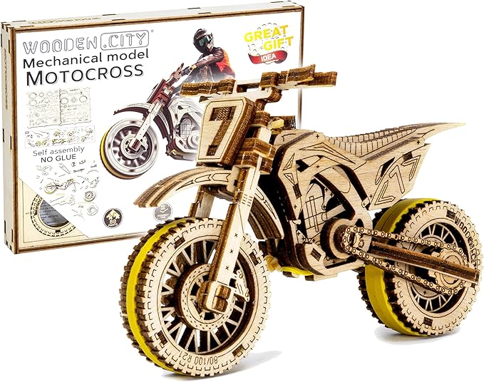 WOODEN.CITY Motocross 3D Puzzle for Adults - Hobby Kit to Build Your Own Wooden Bike - 3D Model Motorcycle Kit - Wood Model Kit