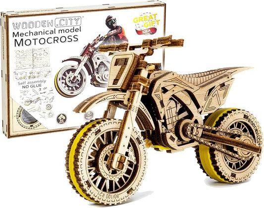 WOODEN.CITY Motocross 3D Puzzle for Adults - Hobby Kit to Build Your Own Wooden Bike - 3D Model Motorcycle Kit - Wood Model Kit
