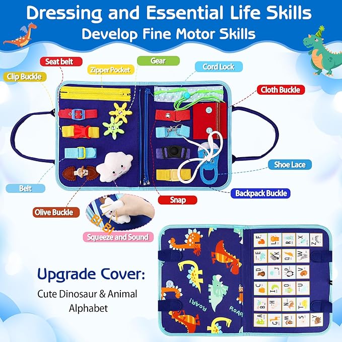 Esjay Toddler Busy Board Montessori Toys for Boys, Sensory Board Educational Activities for Learning Fine Motor Skills, Birthday Gifts for Boys Toddlers, Travel Toys for Airplane Car, Blue Dinosaur