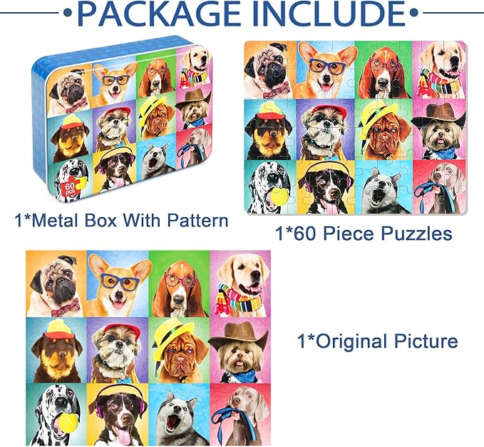 LELEMON Puzzles for Kids Ages 4-6,Dog 60 Piece Puzzles for Kids Ages 4-8,Children Jigsaw Puzzles Kids Puzzles in a Metal Box,Educational Learning Puzzle Toys for Girls and Boys