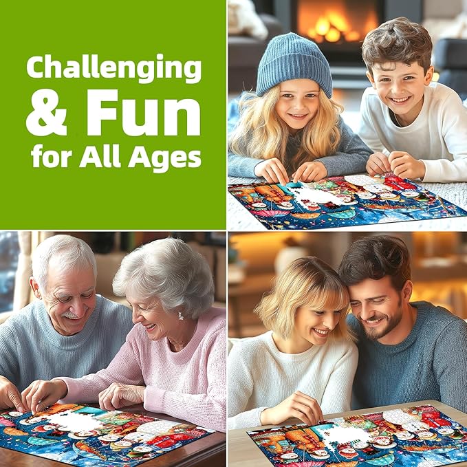 Christmas Snowman Jigsaw Puzzles for Adults 500 Pieces Winter Wonderland Night Holiday Scene with Glowing Lights Fun Family Puzzles Gift for Adults Seniors