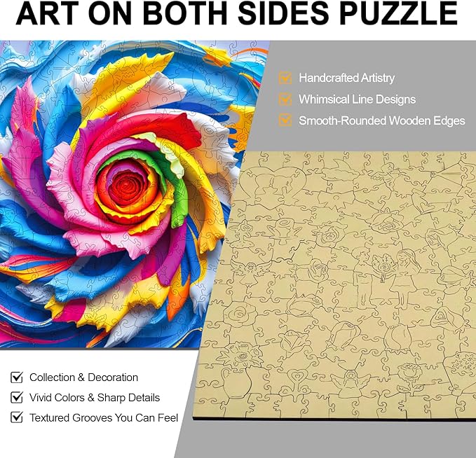 Wooden Puzzles for Adults 200 Pieces, Rainbow Swirl Rose Wooden Jigsaw Puzzles, Stress Relief Puzzle Gifts, Unique Shaped Brain Teaser, Wall Art Home Decor, Challenging Family Games 11.2"x11.2"
