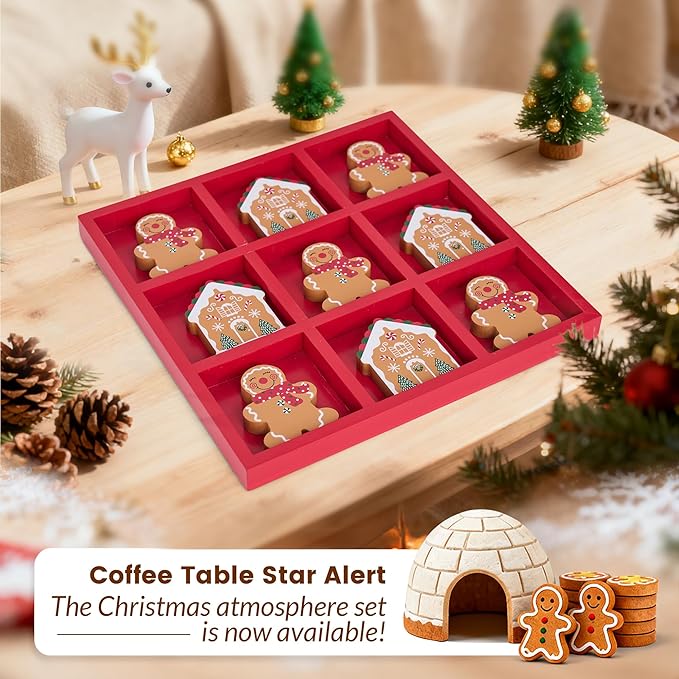 GENMOUS Christmas Tic Tac Toe Game Board Indoor Game, 10.6 Inch Rustic Giant Tic Tac Toe with Gingerbread Man and Igloo, Xmas Coffee Table Decor, Fun for Home Room Holiday Decorations