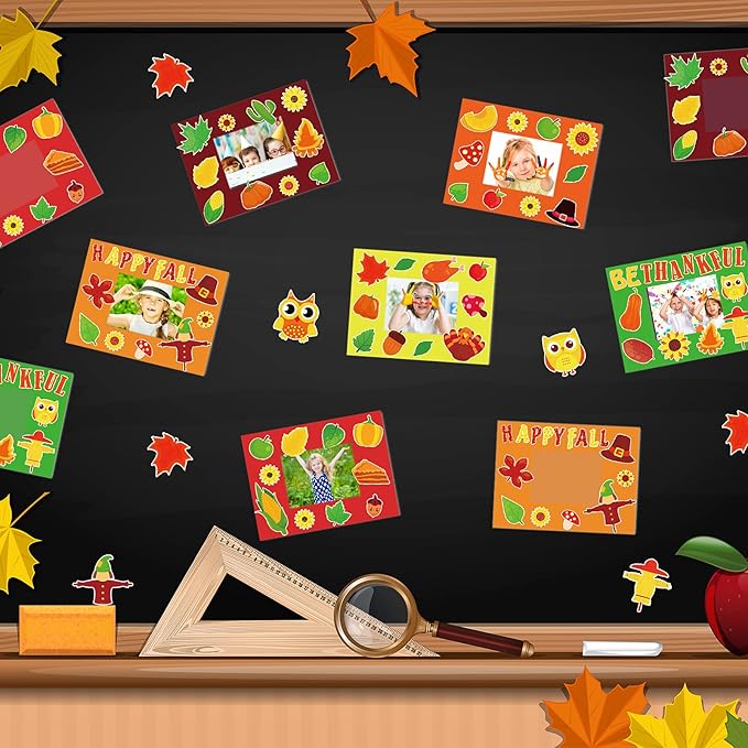 chiazllta 30 Packs Fall Picture Frame Craft Kits for Kids, DIY Thanksgiving Pumpkin Maple Leaf Turkey Craft Autumn Holiday Art Favor Home Class Kindergarten Game Activities