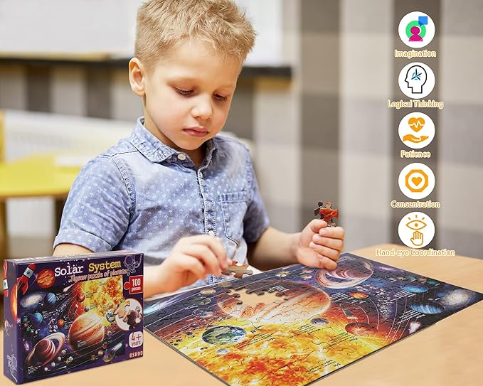 Solar System Space Kids Jigsaw Puzzles - 100 Piece Science Educational Toys for Ages 4-8 Boys & Girls - 8 Planets