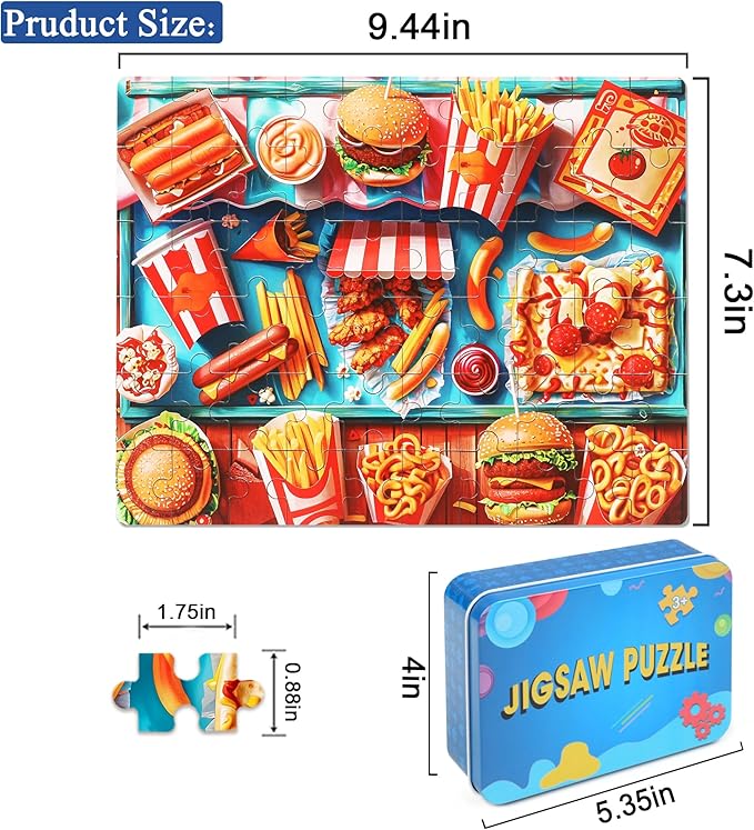 LELEMON Hamburger Jigsaw Puzzles in a Metal Box 60 Pieces Hamburger Jigsaw Puzzle for Kids Ages 4-8 Children Learning Educational Puzzles Toys