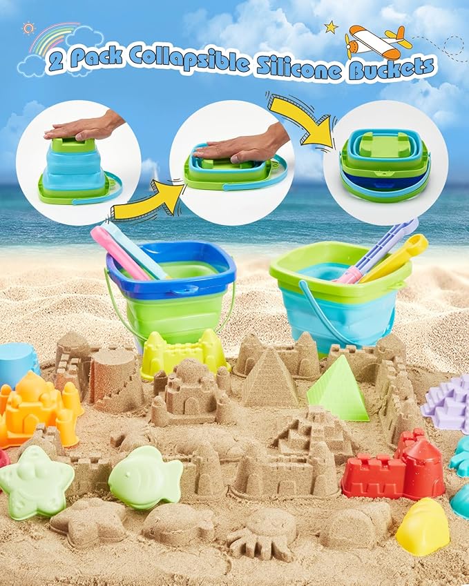 Beach Toys for Toddlers 1-3, Beach Toy Sand Toy for Kids Ages 4-8, 2 Collapsible Sand Bucket and Shovels, Mesh Bag, Sand Castle Animal Molds Sets, Travel Sandbox Toys for Toddlers Kids Age 3-10