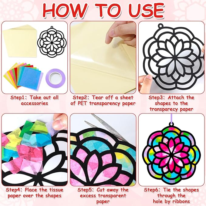 Qyeahkj 36 Set Mandala Suncatchers Crafts for Kids DIY Mandala Window Tissue Paper Craft Kit Art Flower Hanging Decor for Summer School Home Activity Art Project Birthday Party Favor Gift
