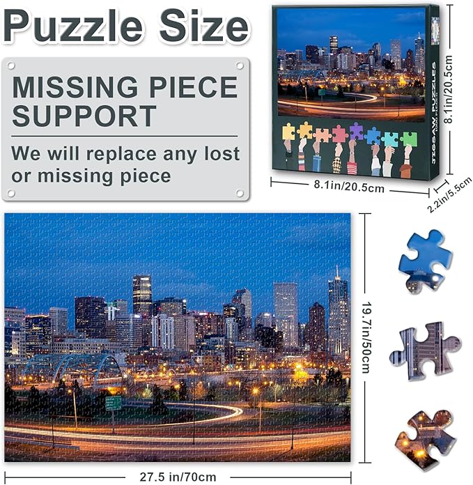 1000 Piece Puzzle for Adults Denver Skyline at Night - Jigsaw Puzzles 1000 Pieces, Hard Impossible Challenging Puzzle Cityscape Theme (27.5"x19.7"), Family Game Night Gift & Home Decor