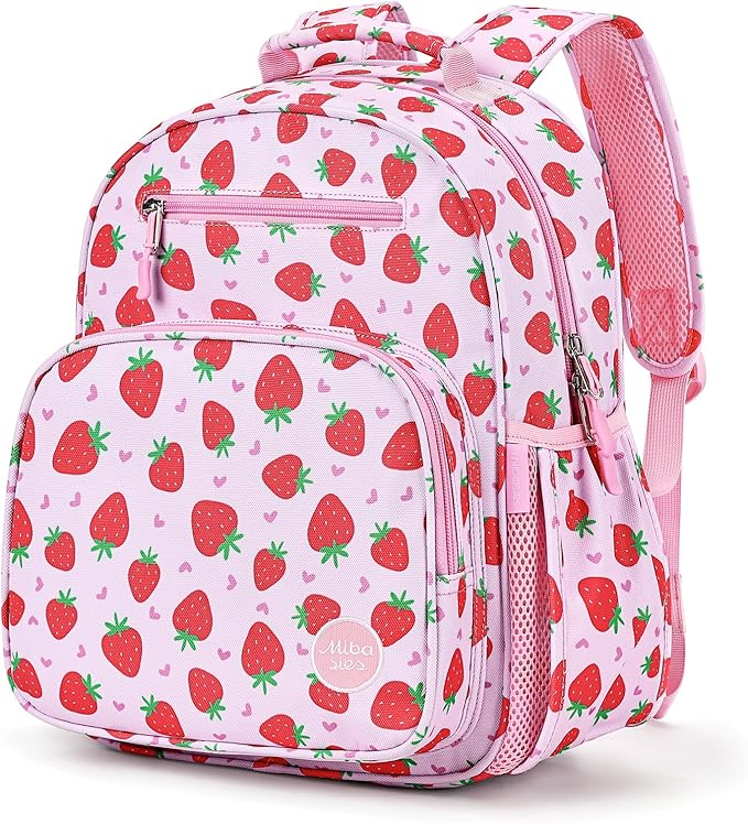 mibasies Girls Backpack 5-8: Lightweight Kids Backpacks for Girls - Girl Bookbag for Elementary School - Strawberry Heart-shaped Pink