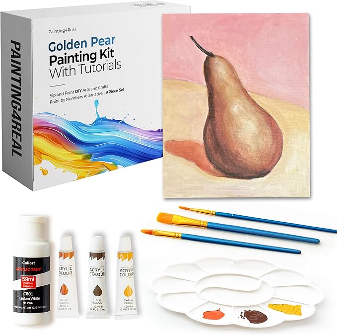 Painting4Real DIY Painting Kits for Adults and Kids with Video Tutorials: Learn How to Paint Golden Pear – Painting Set & Art Supplies Kit, Ideal for Modern Farmhouse Art – 9 Piece Acrylic Paint Set