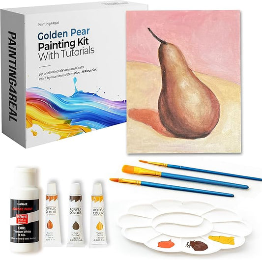 Painting4Real DIY Painting Kits for Adults and Kids with Video Tutorials: Learn How to Paint Golden Pear – Painting Set & Art Supplies Kit, Ideal for Modern Farmhouse Art – 9 Piece Acrylic Paint Set