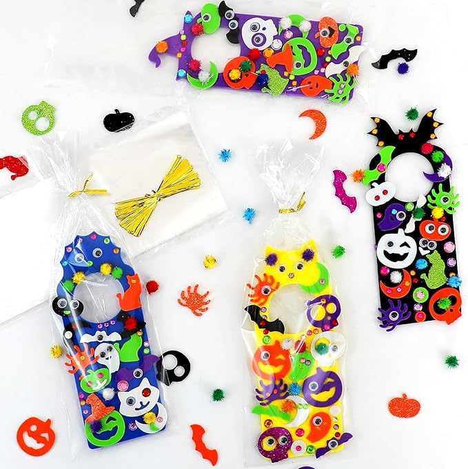 24 Set Halloween Craft Kits, DIY Halloween Doorknob Hanger Decorations Fall Arts & Crafts Supplies, Halloween Pumpkin Bat Ghost Monster Foam Stickers for Classroom Party Favors Activities
