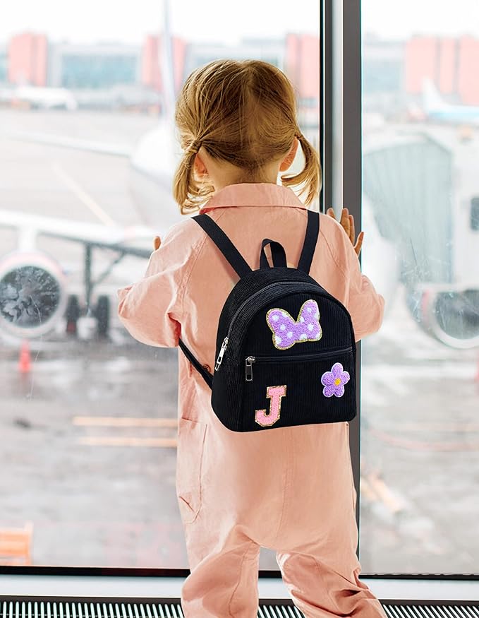 2 3 4 5 6 Year Old Girl Gifts Chenille Initial Mouse Bow Mini Backpack, Corduroy Toddler Backpacks Christmas Birthday Gifts for Girls 2-4 5-6, Black Mini Diaper Bag Must Haves for Park Travel Letter J
