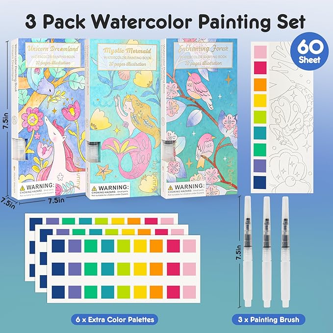 Watercolor Painting Coloring Books Pocket Watercolor Paint Bookmarks, Mess Free Paint with Water Set, Travel Activities Art Party Favors Exchange Birthday Gifts for Kids (3in1)