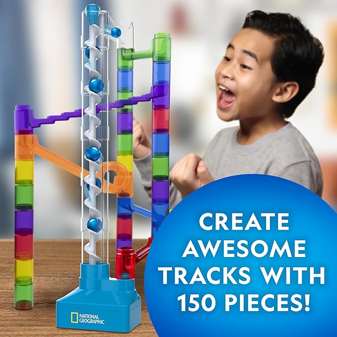 National Geographic Marble Run with Motorized Elevator - 150-Piece Marble Maze Kit with Motorized Spiral Lift, 30 Marbles, Storage Bag & More, Perpetual Motion Machine, Kids Physics Toys