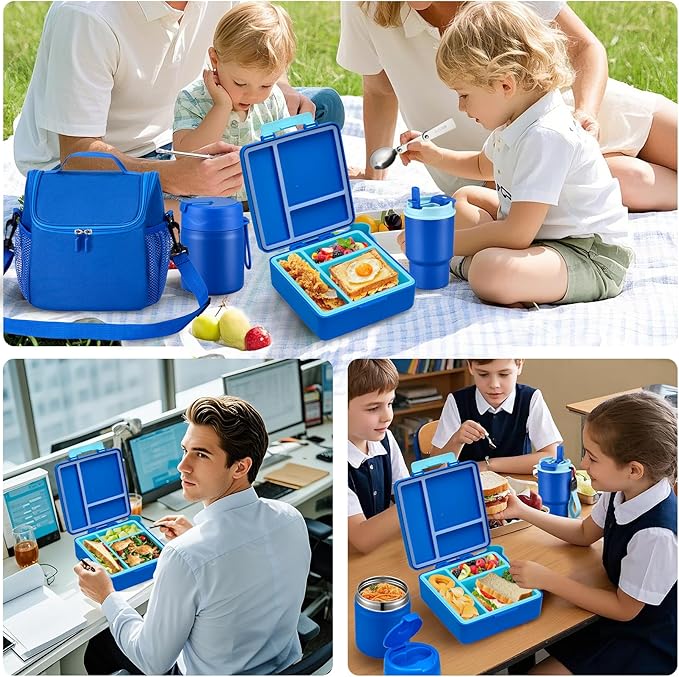 Bento Lunch Box for Kids with 17oz Soup Thermo,Insulated Tumbler Water Bottle and Insulated Lunch Bag,Leak-Proof 3 Compartment Lunch Food Container with with Ice Pack for Kids to School-Blue
