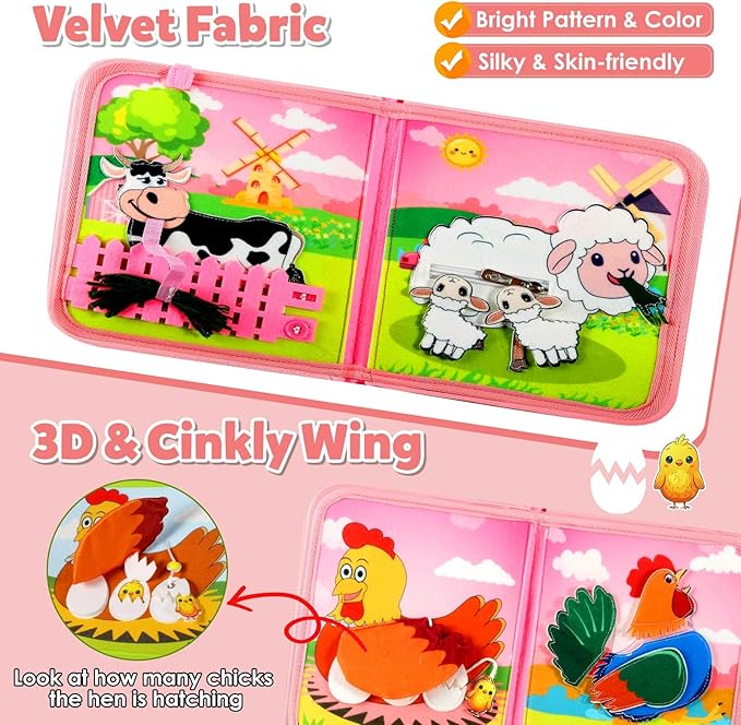 Montessori Busy Book for Toddlers 1-3, Busy Board Montessori Toys for 1 Year Old Girl Birthday Gifts, Educational Learning Sensory Activity Books, Quiet Book Travel Toys for Airplane Car