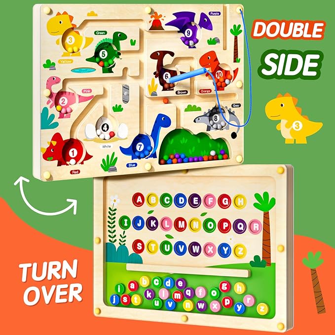 2 in 1 Magnetic Color and Number Maze Double-Sided ABC Alphabet Puzzles Board Magnet Dinosaur Counting Maze Preschool Learning Montessori Education 3 4 5 Years Toys (Multicolored, One Size)