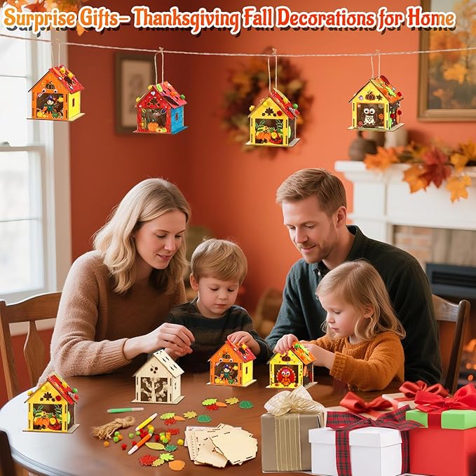 12 Thanksgiving Fall Crafts Wooden House for Boy, Girl & Adult, Fall Activities Kit DIY with Paint Pen Pumpkin Turkey Owl, Thanksgiving Arts and Crafts for Classroom Party Favors & Gift Supplies Bulk