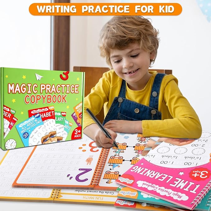gisgfim 8 Pack Magic Grooved Writing Practice Books for Kids Reusable Magical Handwriting Workbooks with Disappearing Ink Pens Pencil Grips Letter Tracing Copybook for Kindergarten Preschool Age 3-8