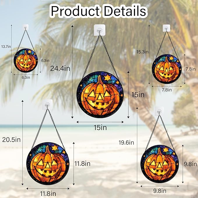 Stained Glass Window Hanging Halloween Horror Golden Pumpkin 6.3" - Suncatcher Door Garden Sunroom Gothic Style Sun Catcher Birthday for Friend Mom Men Woman Nana