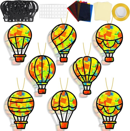 QOUBAI 32 Sets Air Balloons Suncatchers Craft Kit DIY Window Stained Glass Effect Hot Air Balloons VBS Paper Craft Home School Classroom Decoration Kid Birthday Gift Creative Art Project Activity Game