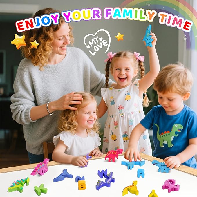 Wooden Toddler Puzzles, Montessori Learning Toys, ABC Alphabet Puzzle for Kids Ages 3-5, Cute Dinosaur Shape Letters Matching Game, Preschool Educational Toys Gift for Girls Boys 3 4 5 Years Old