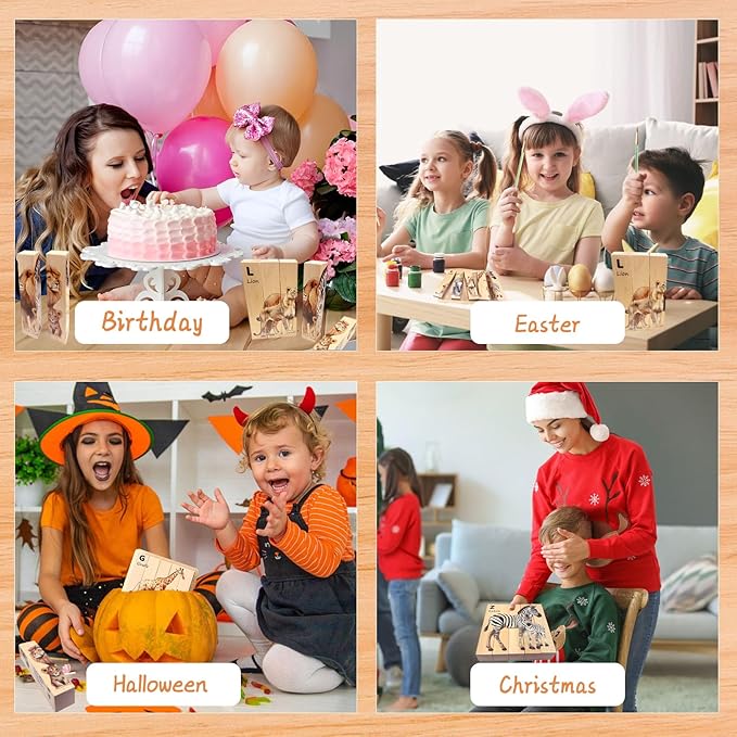 Wooden Puzzles for Toddlers, Montessori Toys, 4 in 1 Wooden Animal Puzzle Toy, Wood Block Puzzle with Durable Base, Preschool Learning Educational Toys for Kids & Toddlers