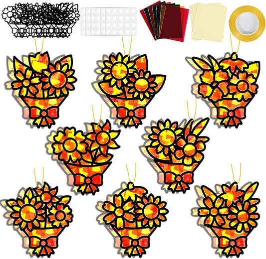 32 Sets Fall Bouquet Suncatchers Craft Kit DIY Window Stained Glass Effect Autumn Bouquet Paper Crafts Home School Classroom Decoration Kid Birthday Gift Creative Art Project Activity Game